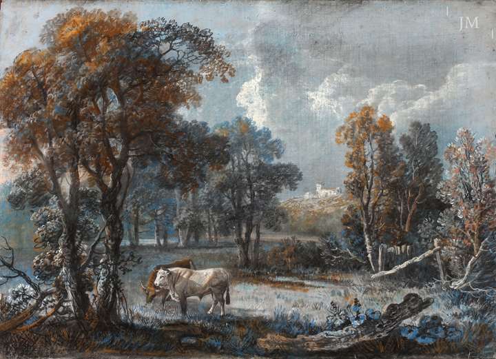 Cattle in a wooded landscape, with a church on a hill beyond